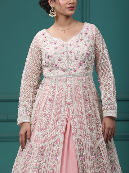 Baby Pink Georgette & Net Resham Pearl Front Open Indo Western Dress With Lehenga