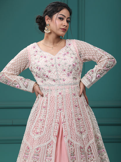 Baby Pink Georgette & Net Resham Pearl Front Open Indo Western Dress With Lehenga