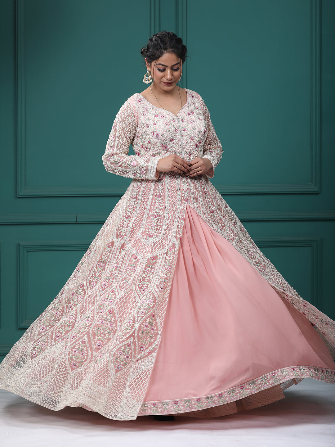 Baby Pink Georgette & Net Resham Pearl Front Open Indo Western Dress With Lehenga