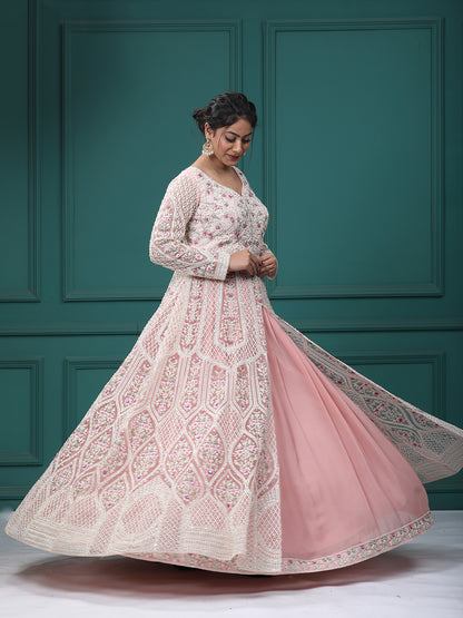 Baby Pink Georgette & Net Resham Pearl Front Open Indo Western Dress With Lehenga