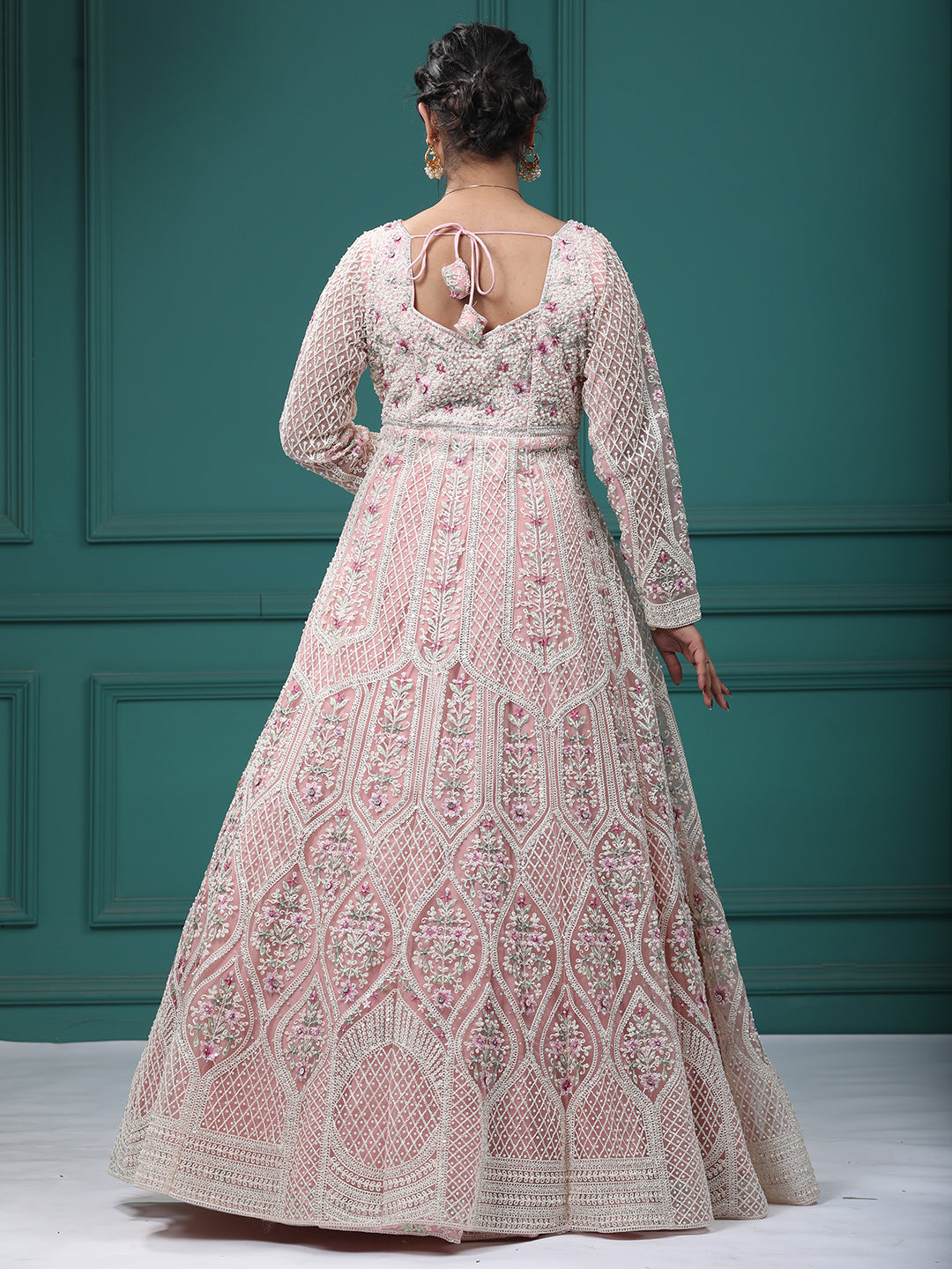 Baby Pink Georgette & Net Resham Pearl Front Open Indo Western Dress With Lehenga