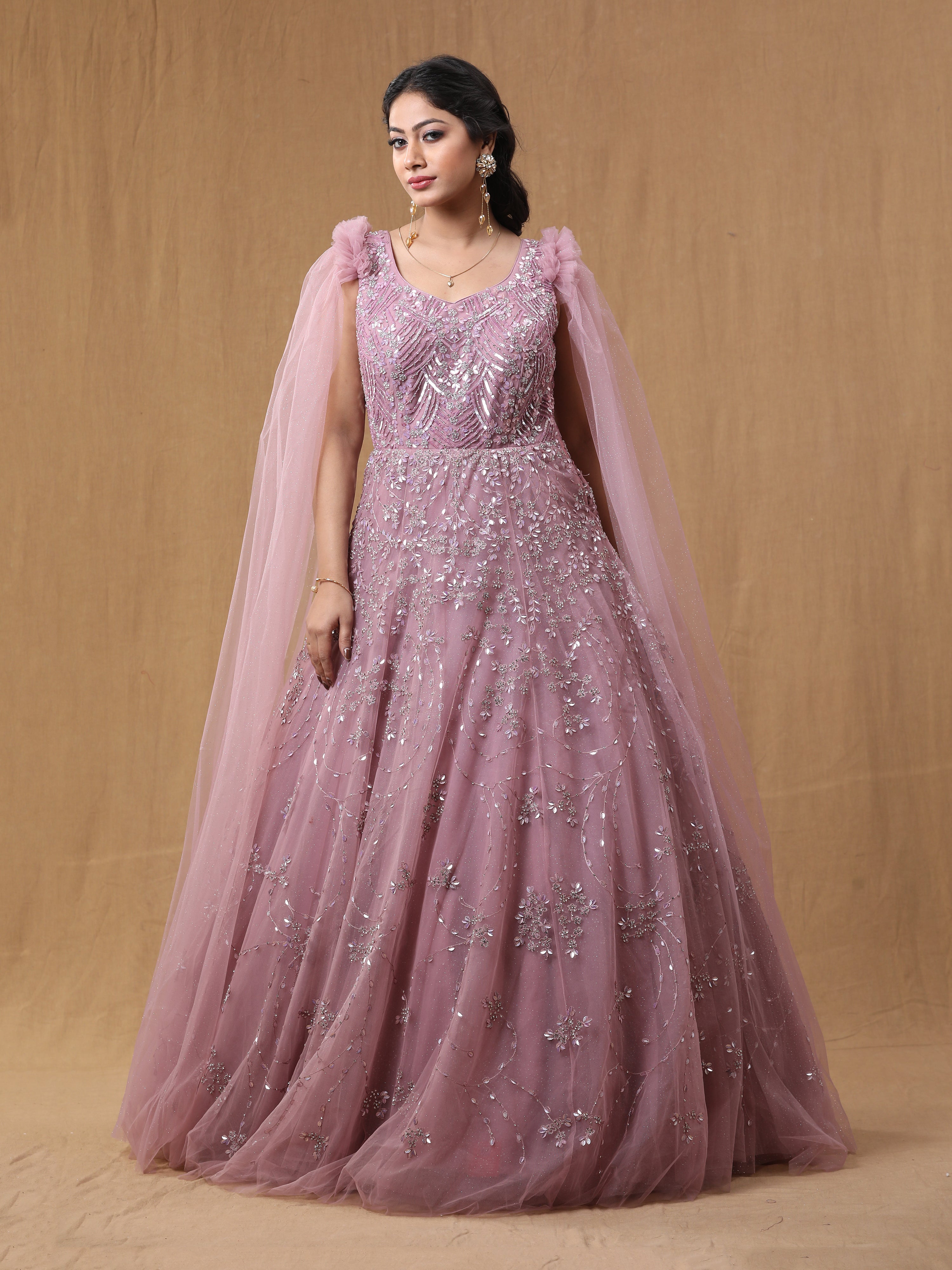 Baby Pink Net Handwork Gown