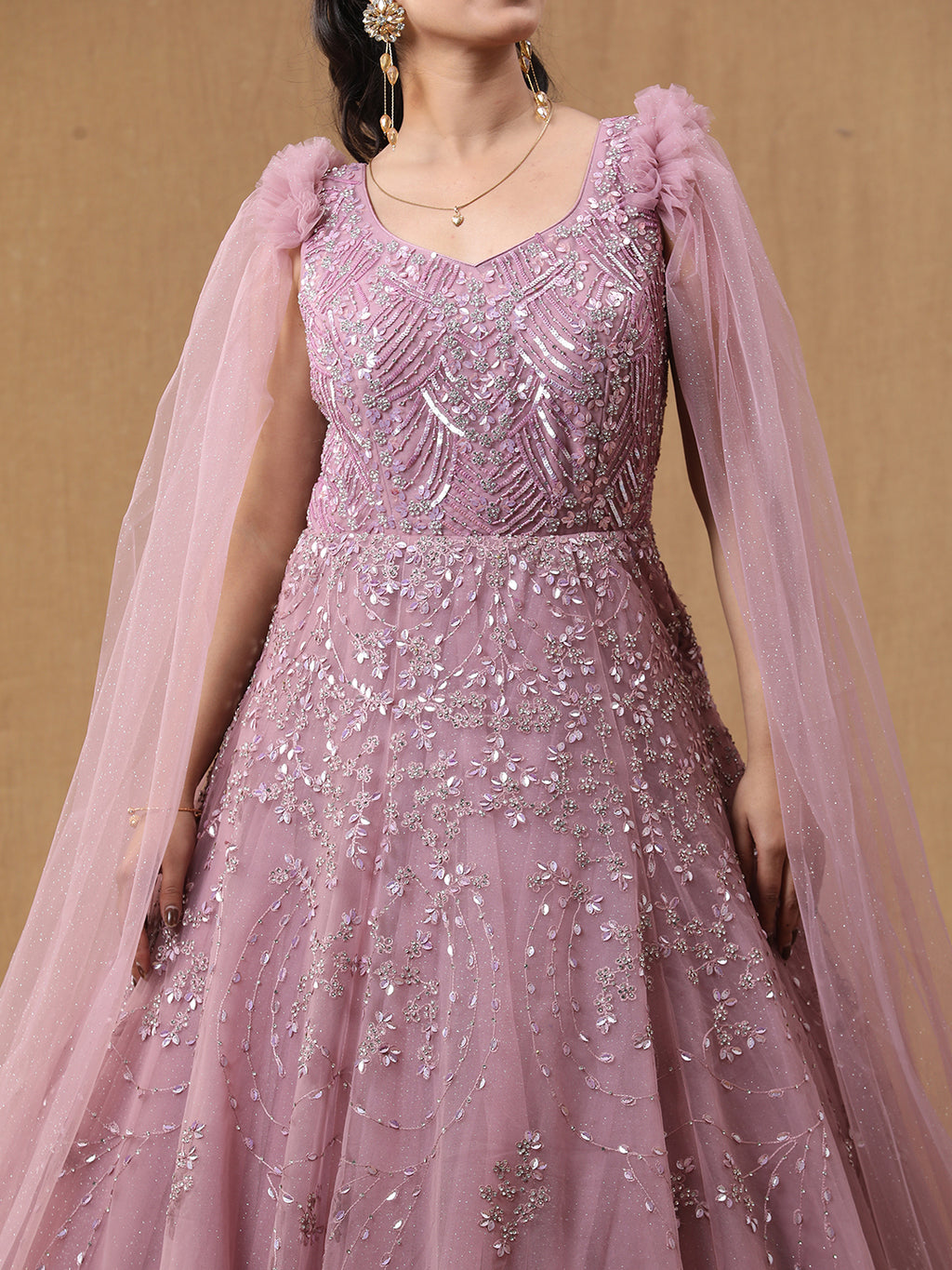 Baby Pink Net Handwork Gown