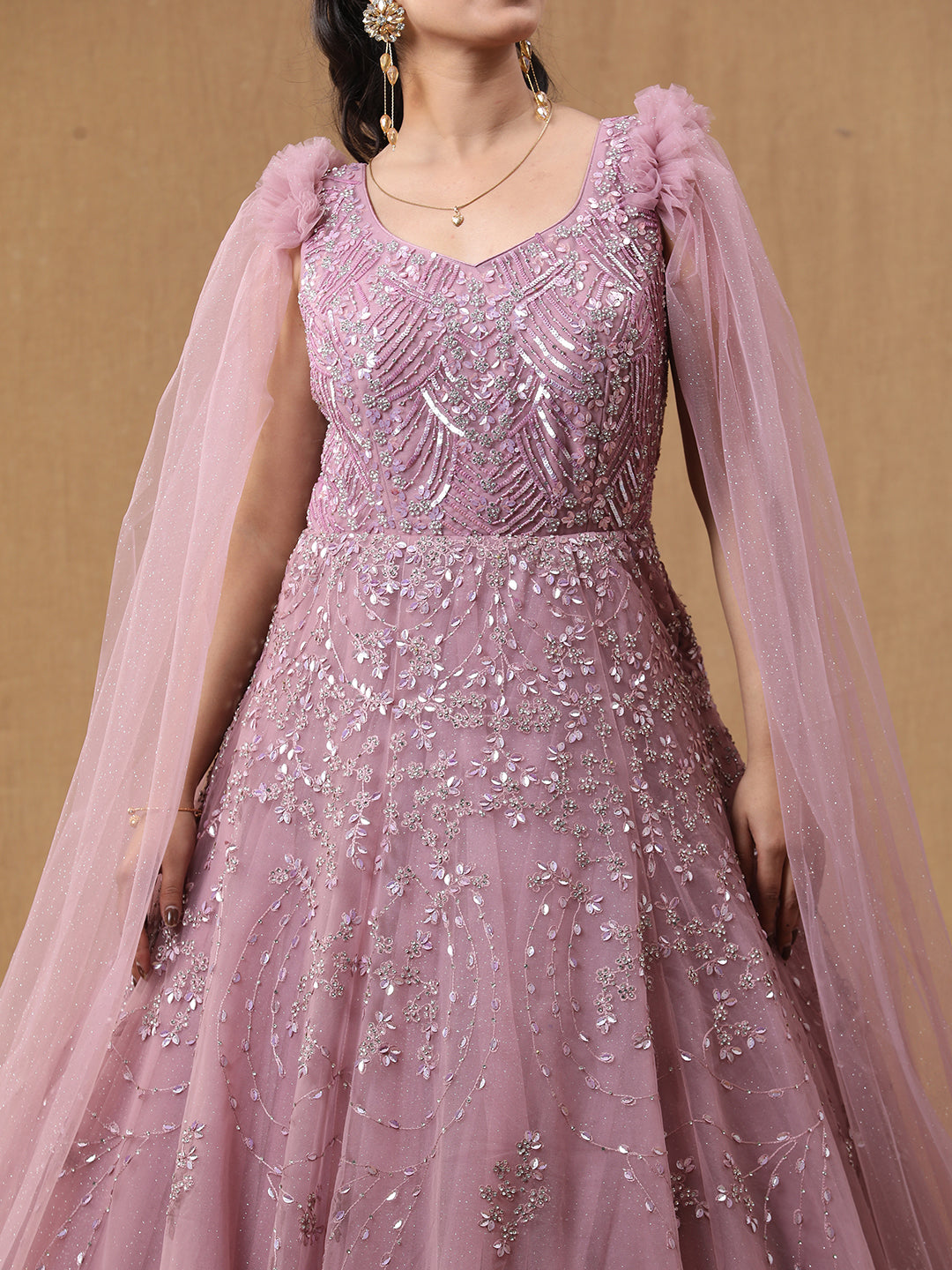 Baby Pink Net Handwork Gown