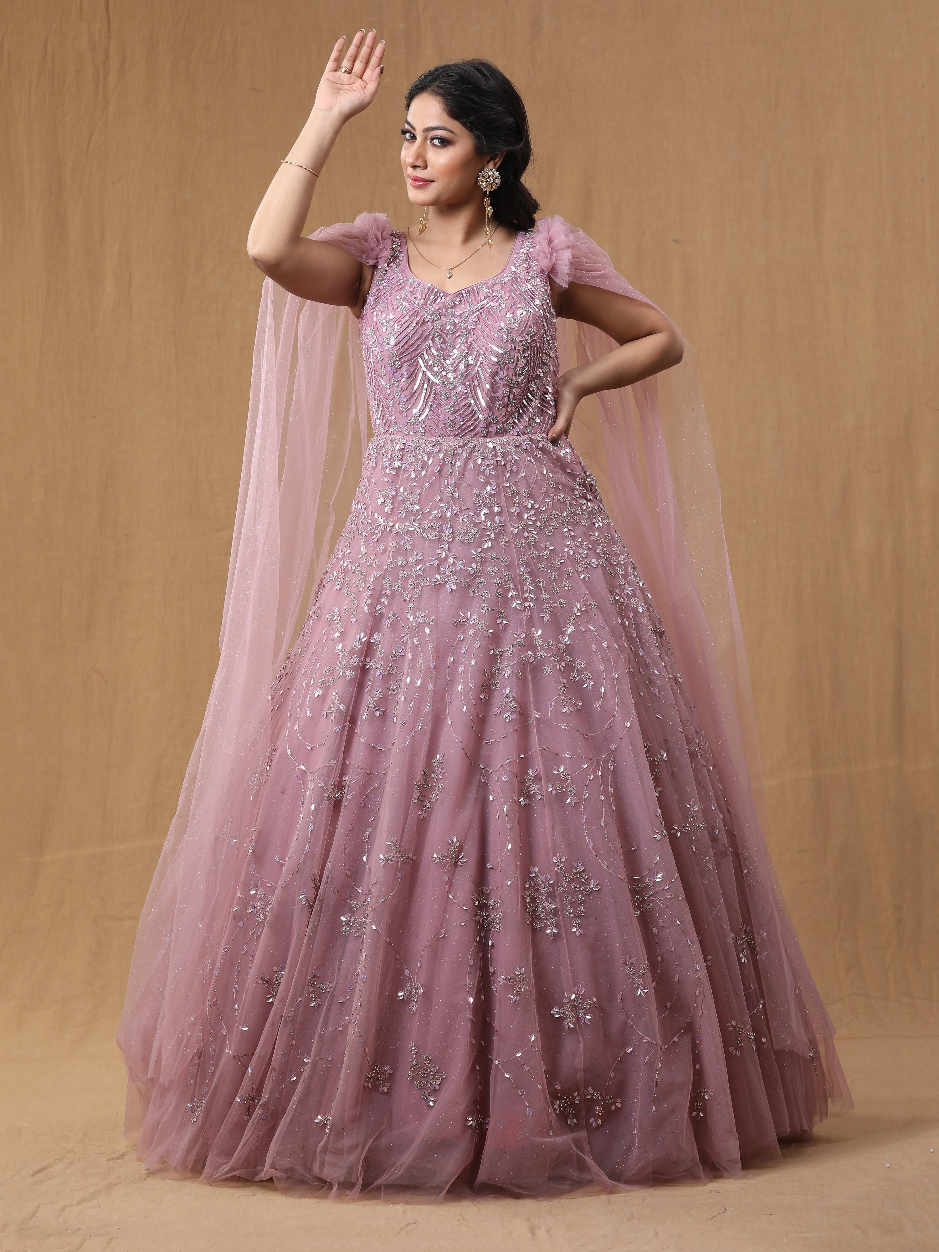 Baby Pink Net Handwork Gown