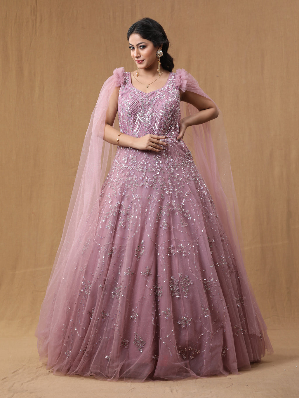 Baby Pink Net Handwork Gown