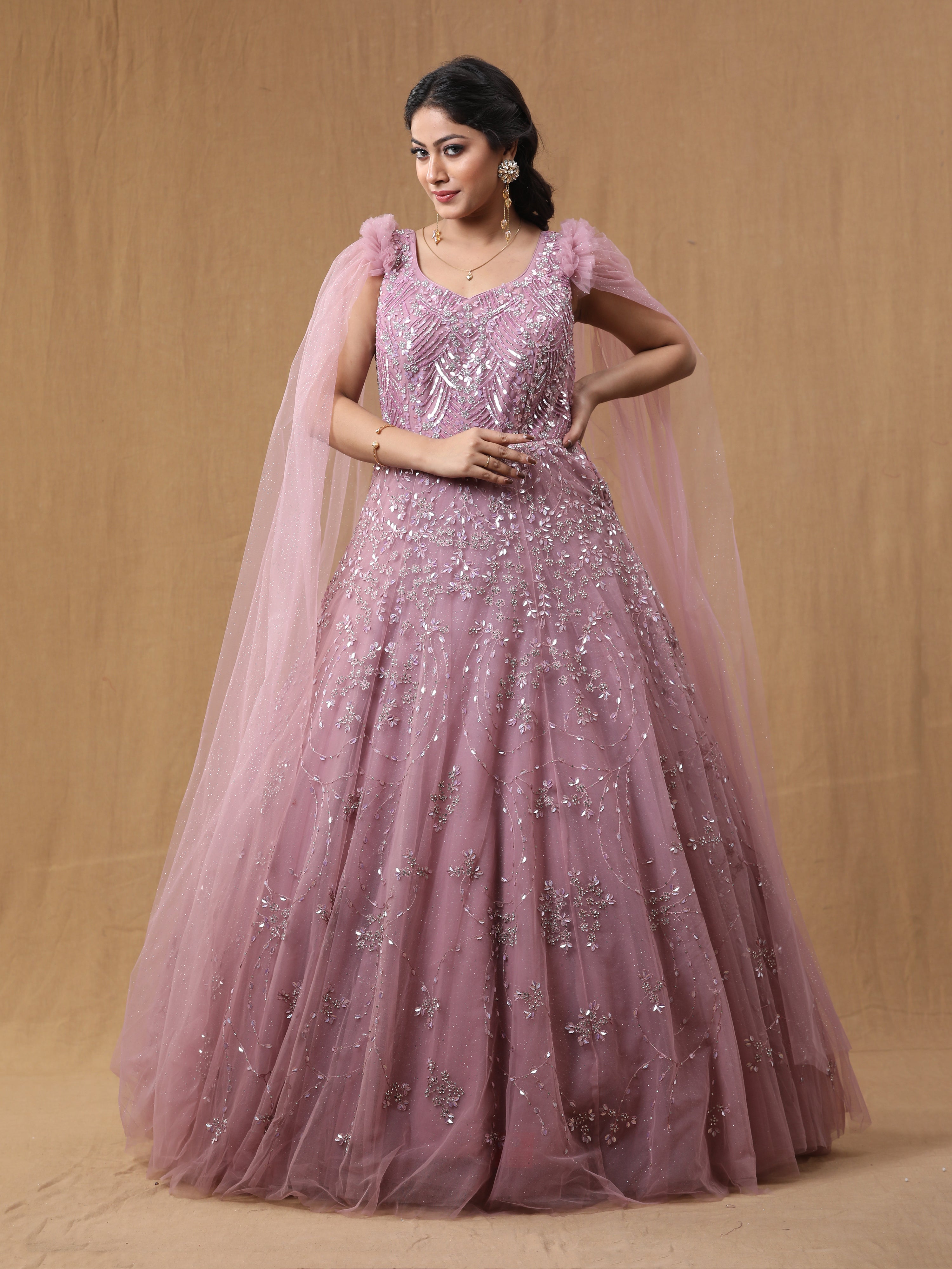 Baby Pink Net Handwork Gown