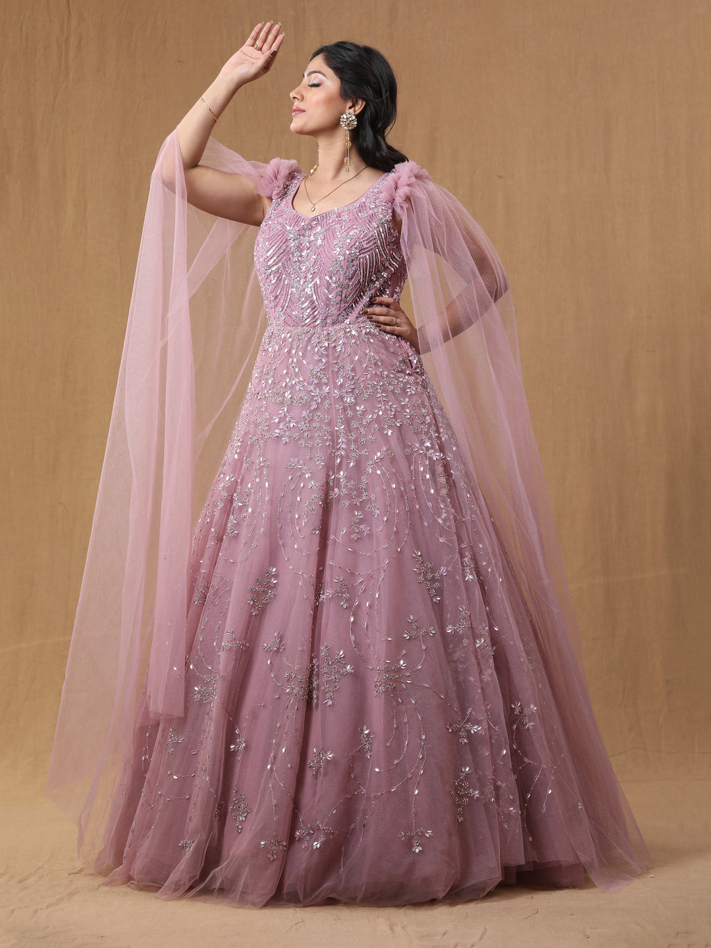 Baby Pink Net Handwork Gown