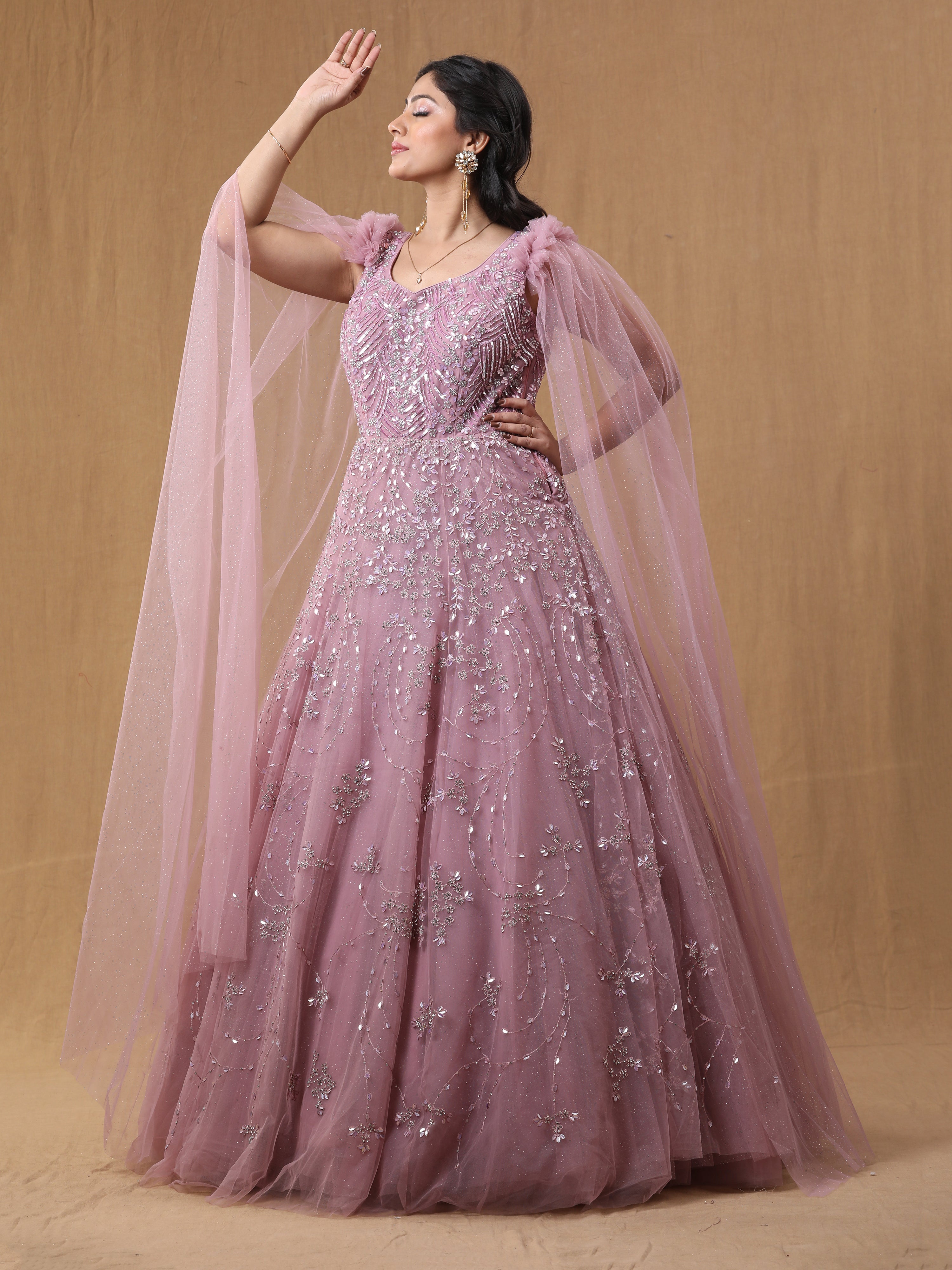 Baby Pink Net Handwork Gown