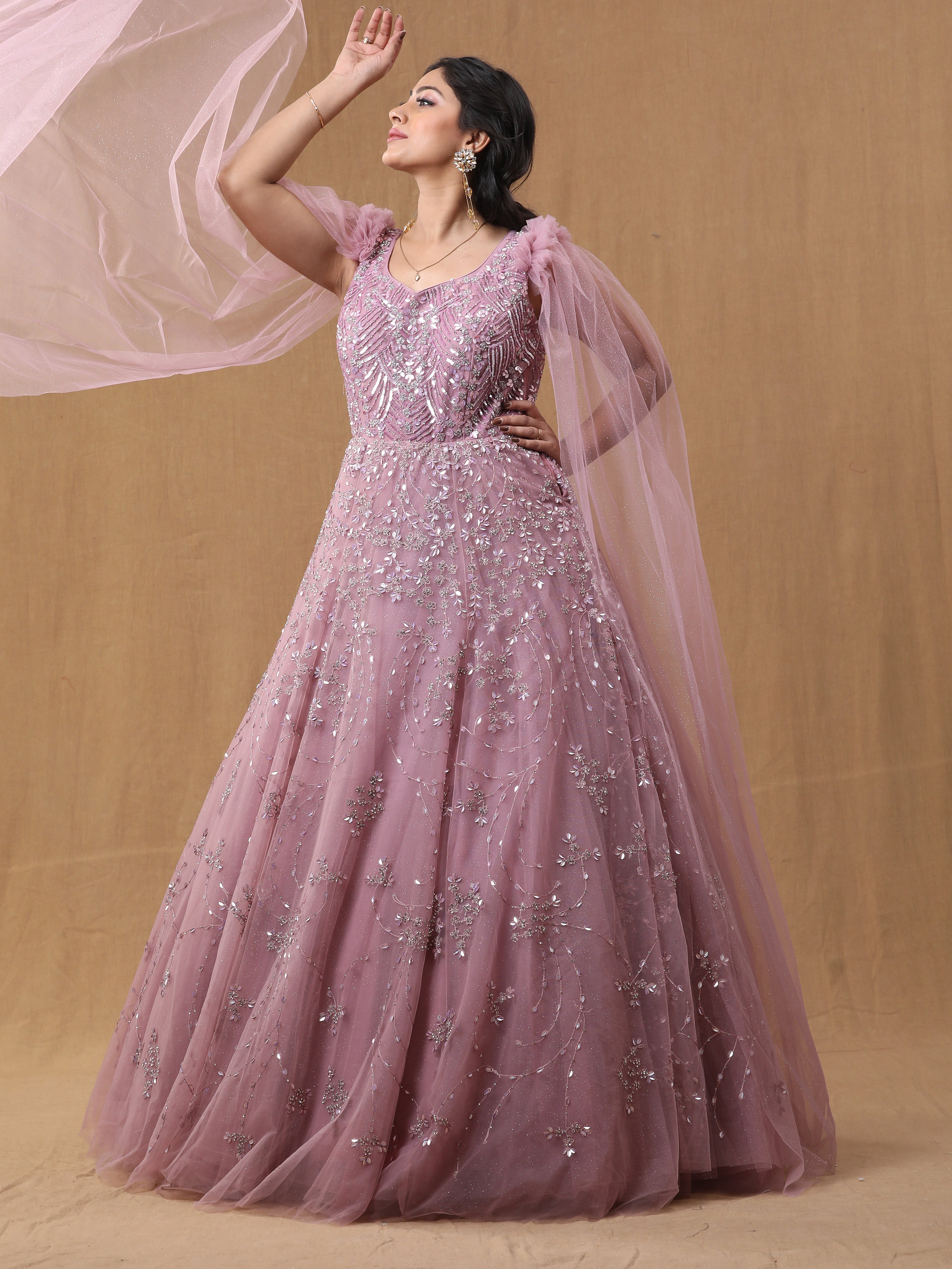 Baby Pink Net Handwork Gown
