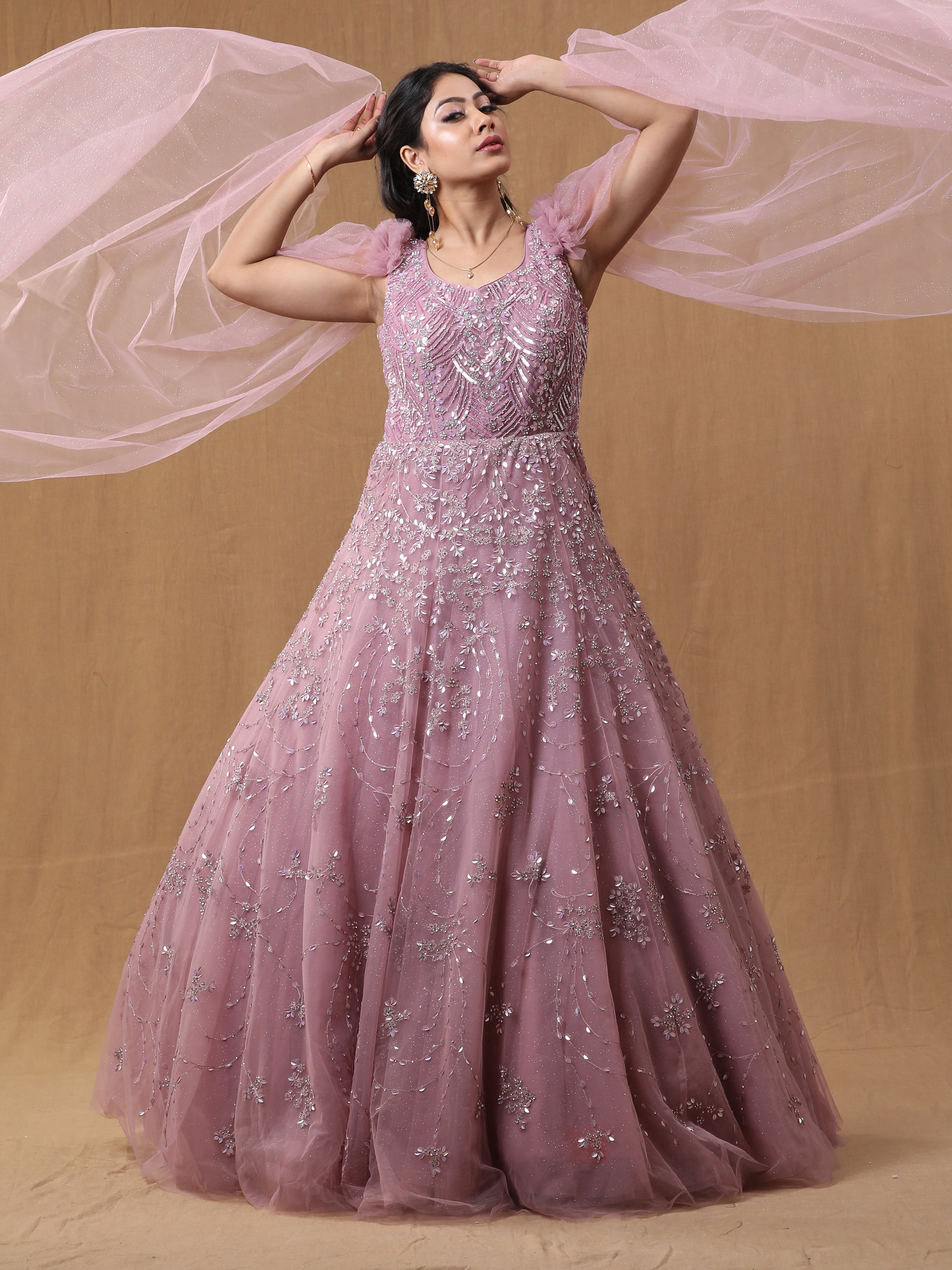 Baby Pink Net Handwork Gown