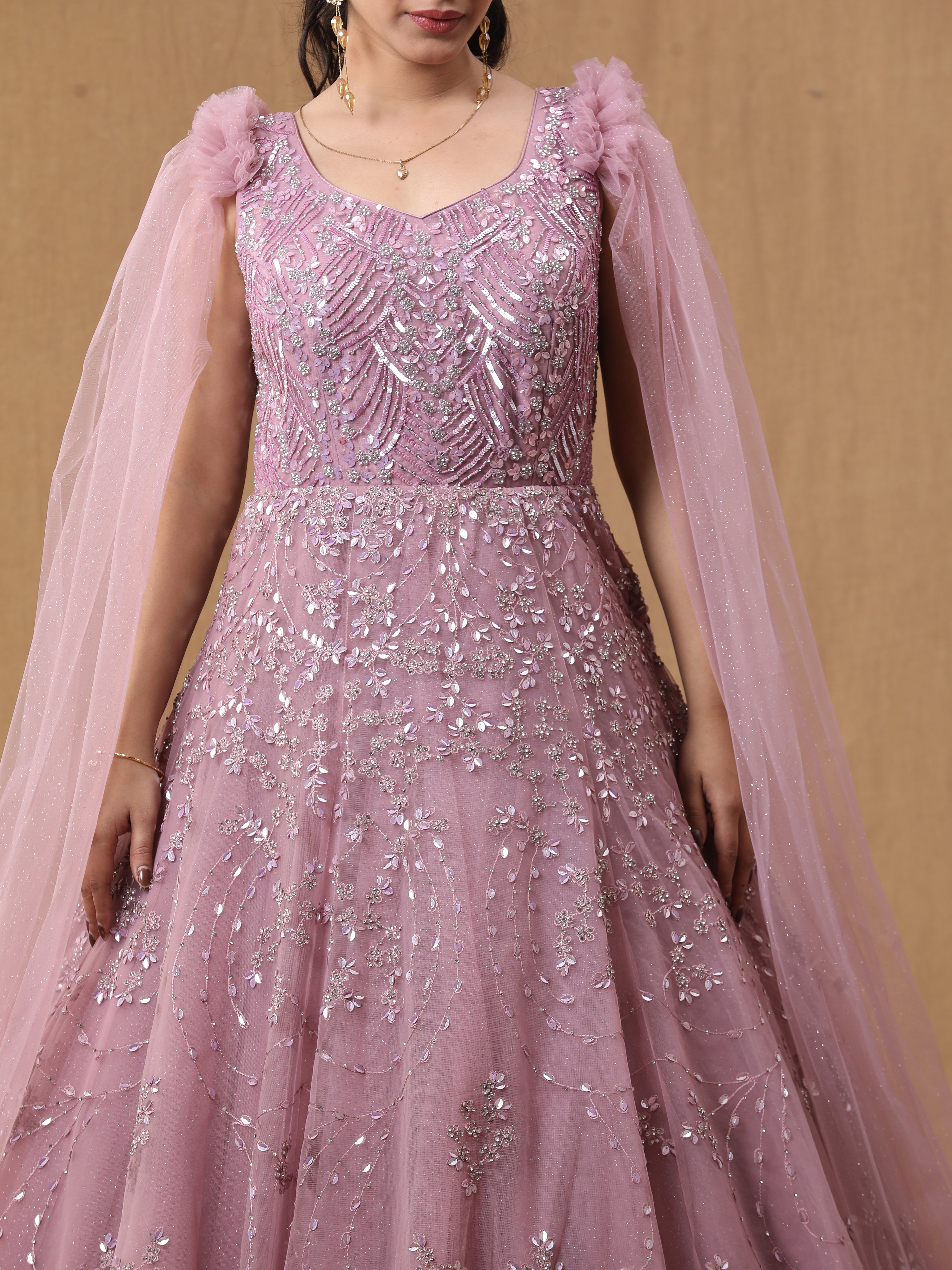 Baby Pink Net Handwork Gown