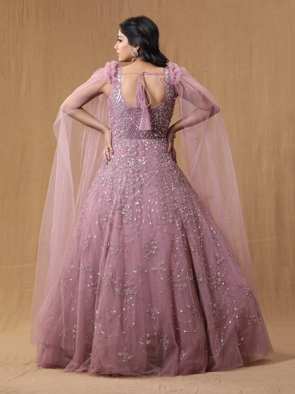 Baby Pink Net Handwork Gown