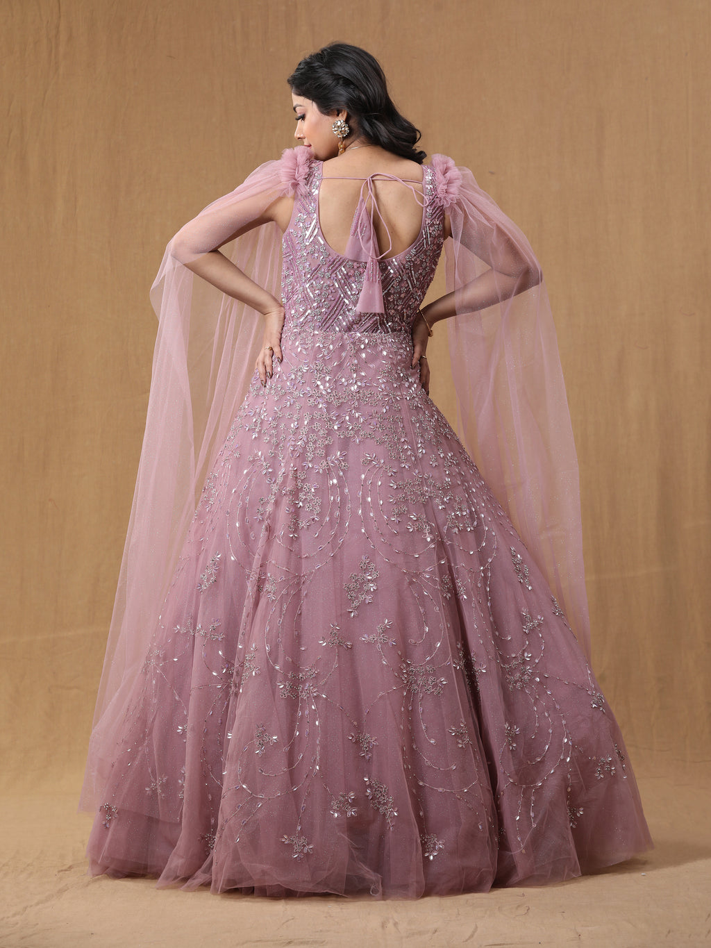 Baby Pink Net Handwork Gown