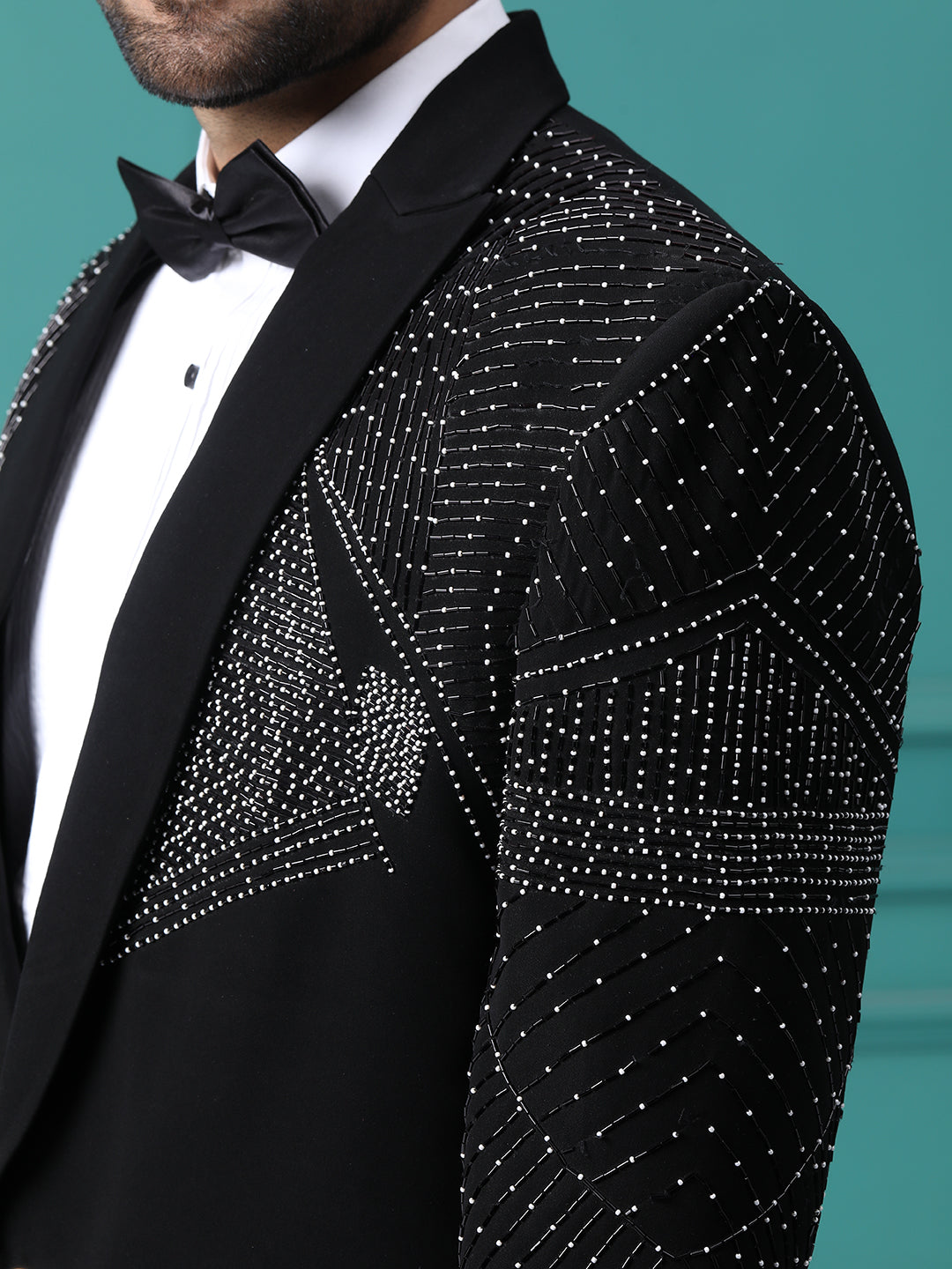 Black 2pcs White Moti Embellished Coat Pant
