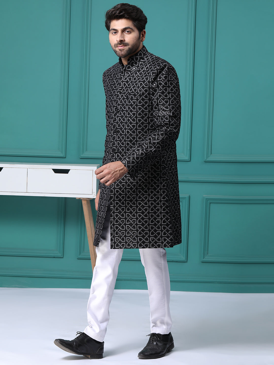 Black with Silver Embellished Mens Indo Western with Pant