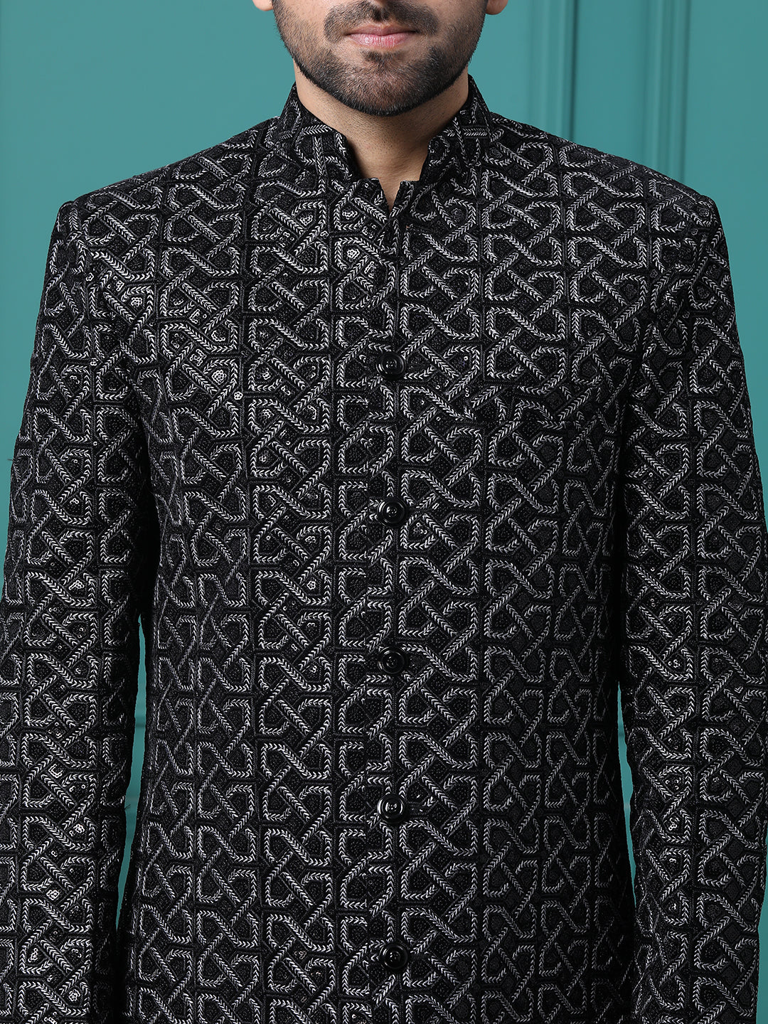 Black with Silver Embellished Mens Indo Western with Pant