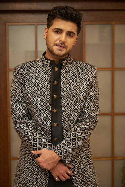 Black White Embellished Indo Western Jacket with Kurta