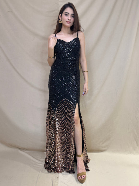Black And Rose Gold Sequin Western Dress With A Slit