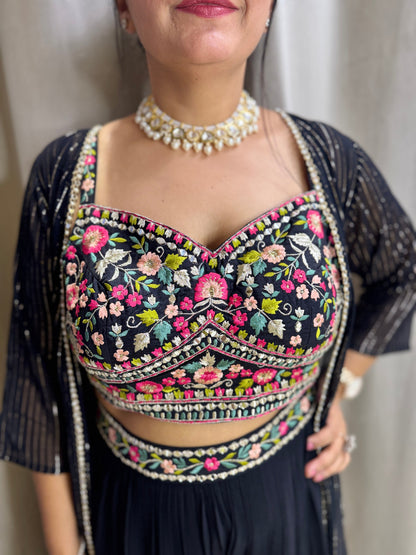 Black Indo Western dress with long shrug and multi colored thread embroidery on bustier and belt of palazzo