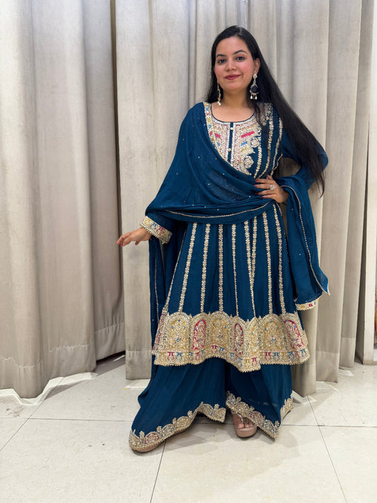 Blue Palazzo Anarkali Pita Jari Work
