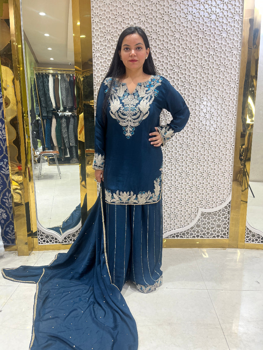 Blue Chinon Sharara Suit