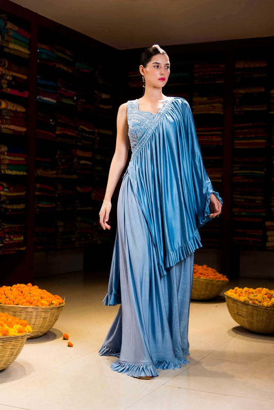 Bluish Grey Drape Saree with Handwork Blouse