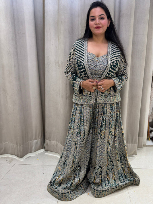 Bottle Green Sharara Indowestern Dress With Jacket