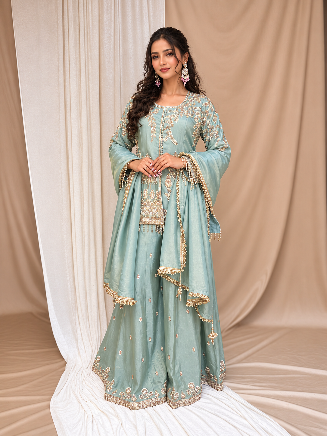 Light blue Short Kurta Sharara Set with intricate detailing of beads, Zari & Sequin and golden lace dupatta