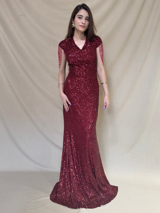 Cherry Red Sequin Western Dress With Beaded Sleeves