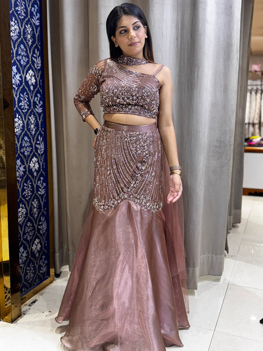 Copper color fish cut lehenga with handwork