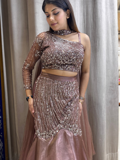 Copper color fish cut lehenga with handwork