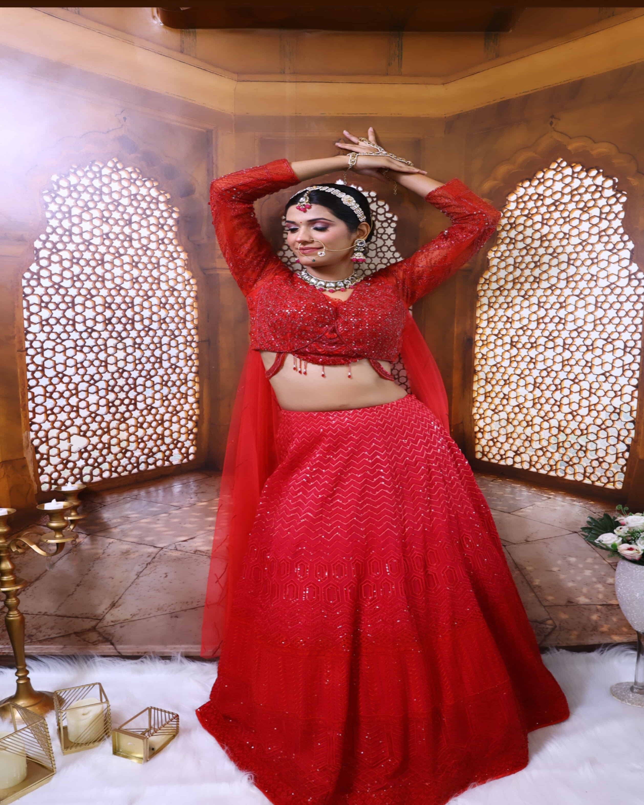 Crepe Red Designer Handwork Lehenga