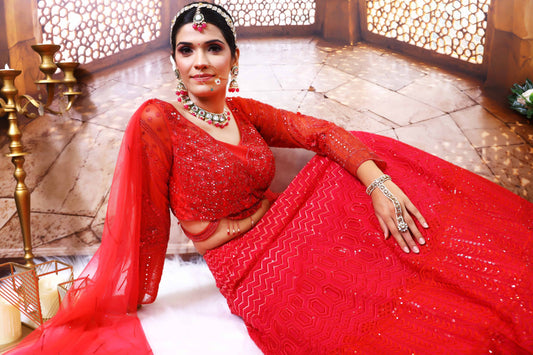 Crepe Red Designer Handwork Lehenga