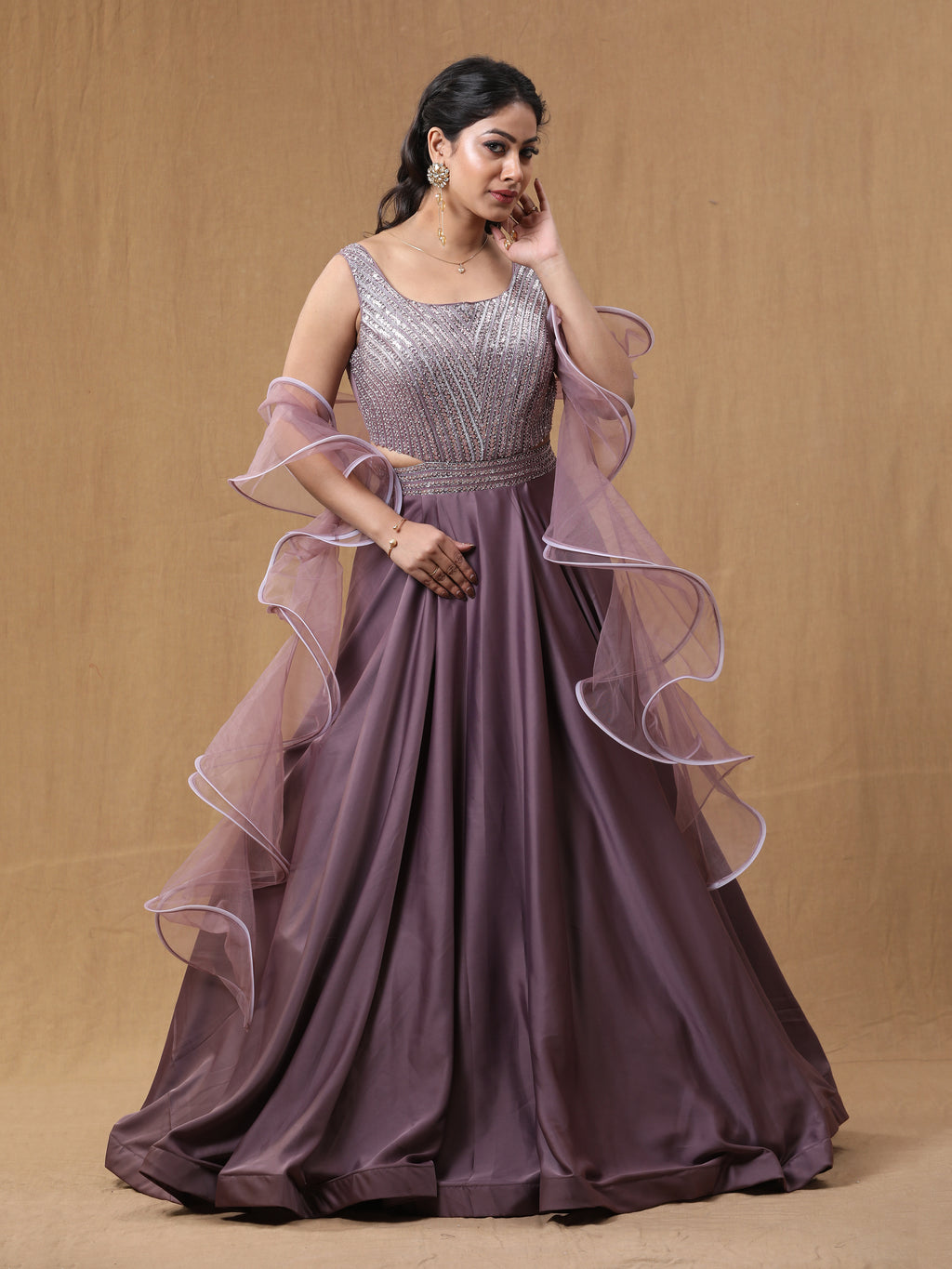 Dark Lavender Satin Handwork Dress Dark Lavender Satin Handwork Dress