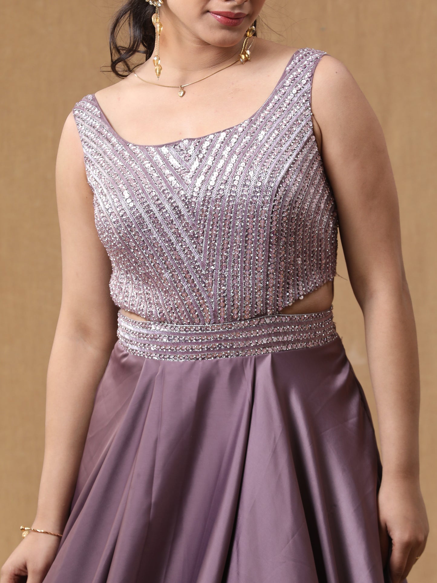 Dark Lavender Satin Handwork Dress