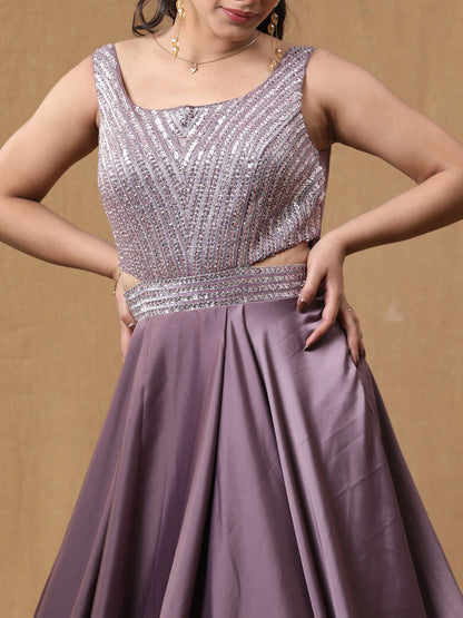Dark Lavender Satin Handwork Dress