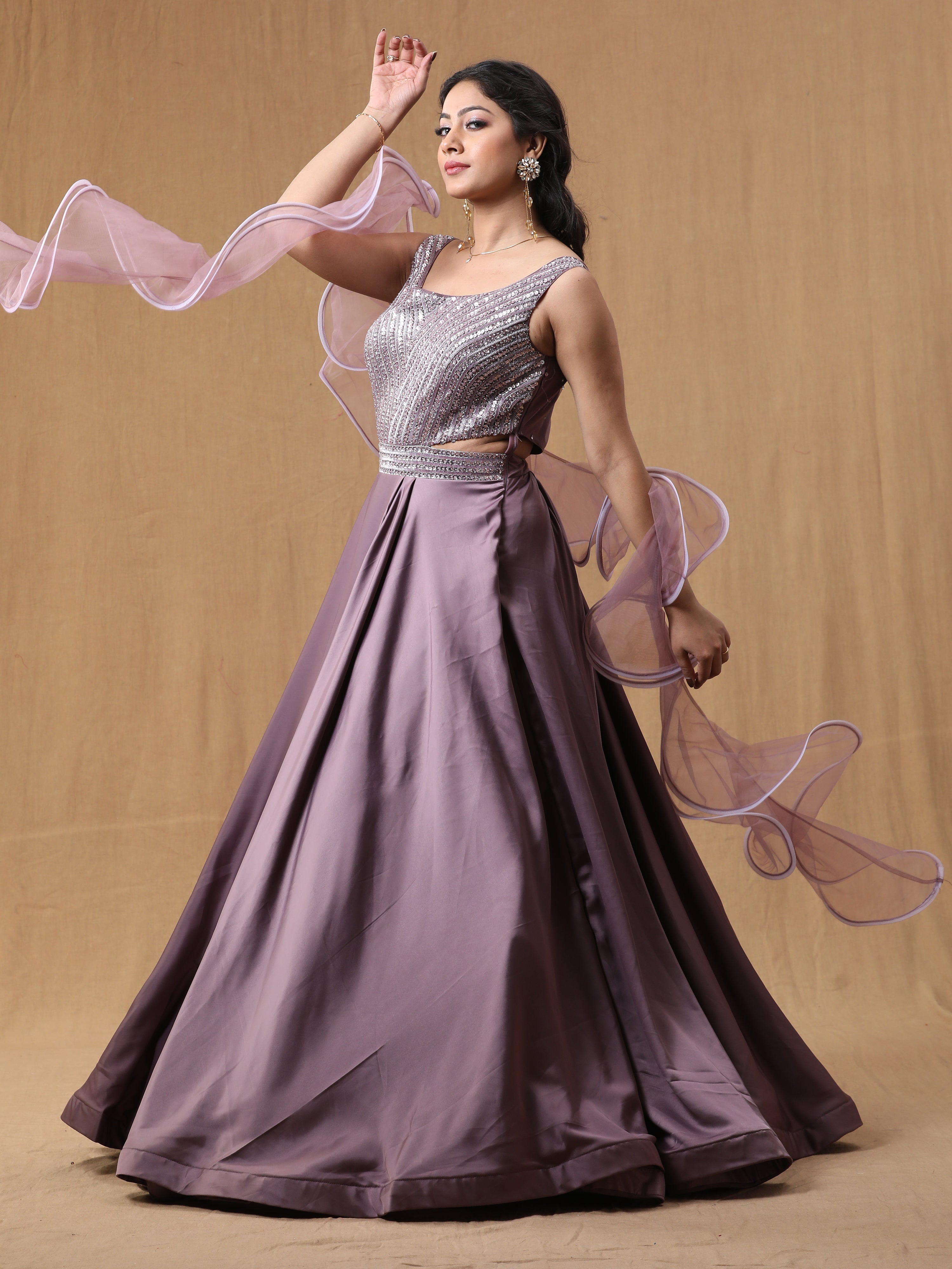 Dark Lavender Satin Handwork Dress