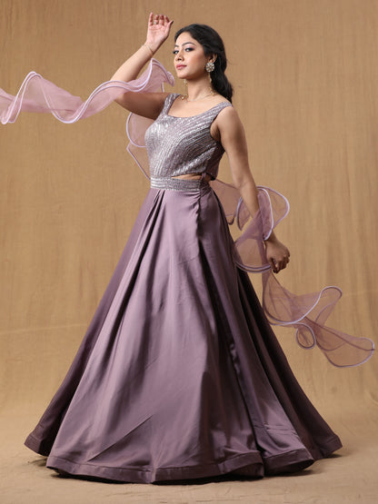 Dark Lavender Satin Handwork Dress