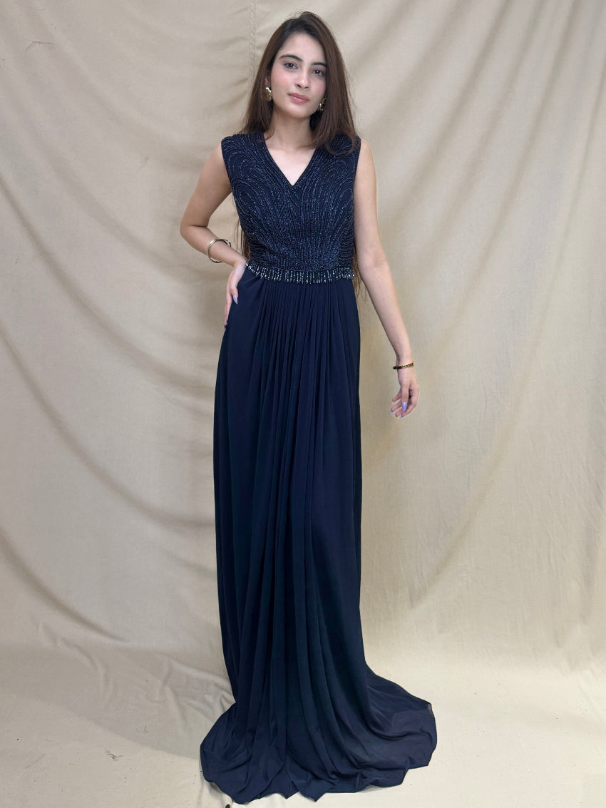 Dark Navy Blue Imported Fabric Indo- Western Gown with Long Shrug and Beads