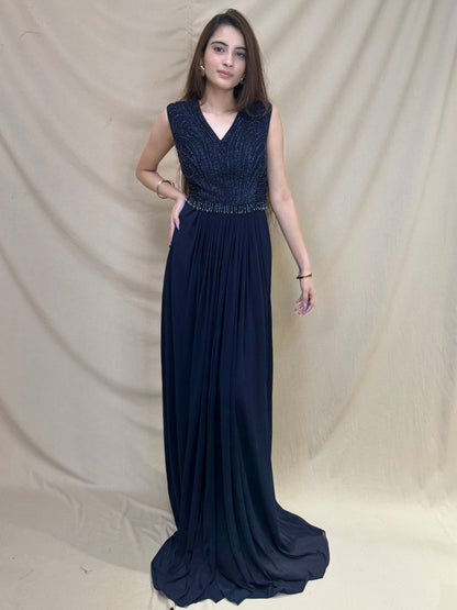 Dark Navy Blue Imported Fabric Indo- Western Gown with Long Shrug and Beads