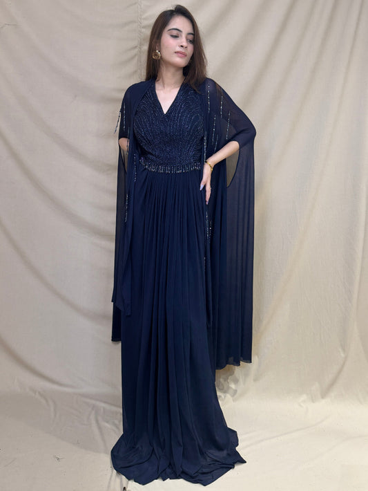 Dark Navy Blue Imported Fabric Indo- Western Gown with Long Shrug and Beads