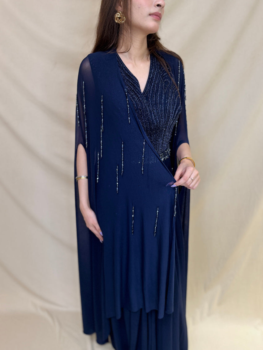 Dark Navy Blue Imported Fabric Indo- Western Gown with Long Shrug and Beads