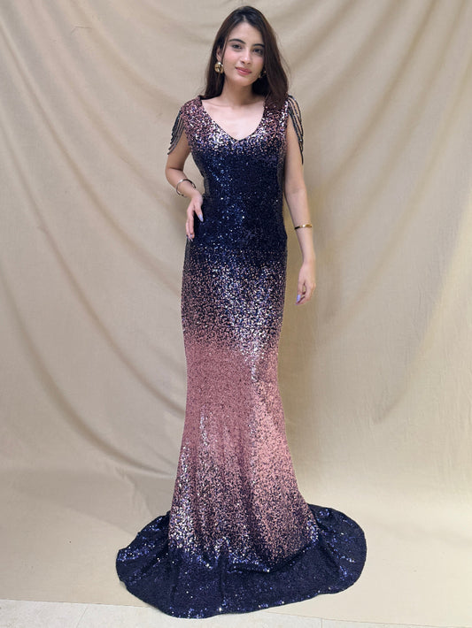 Dark Purple With Pink Sequin Western Dress With Beaded Sleeves