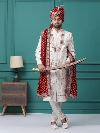 Elegant Ivory Front Panel Hand Embroideried Groom Sherwani