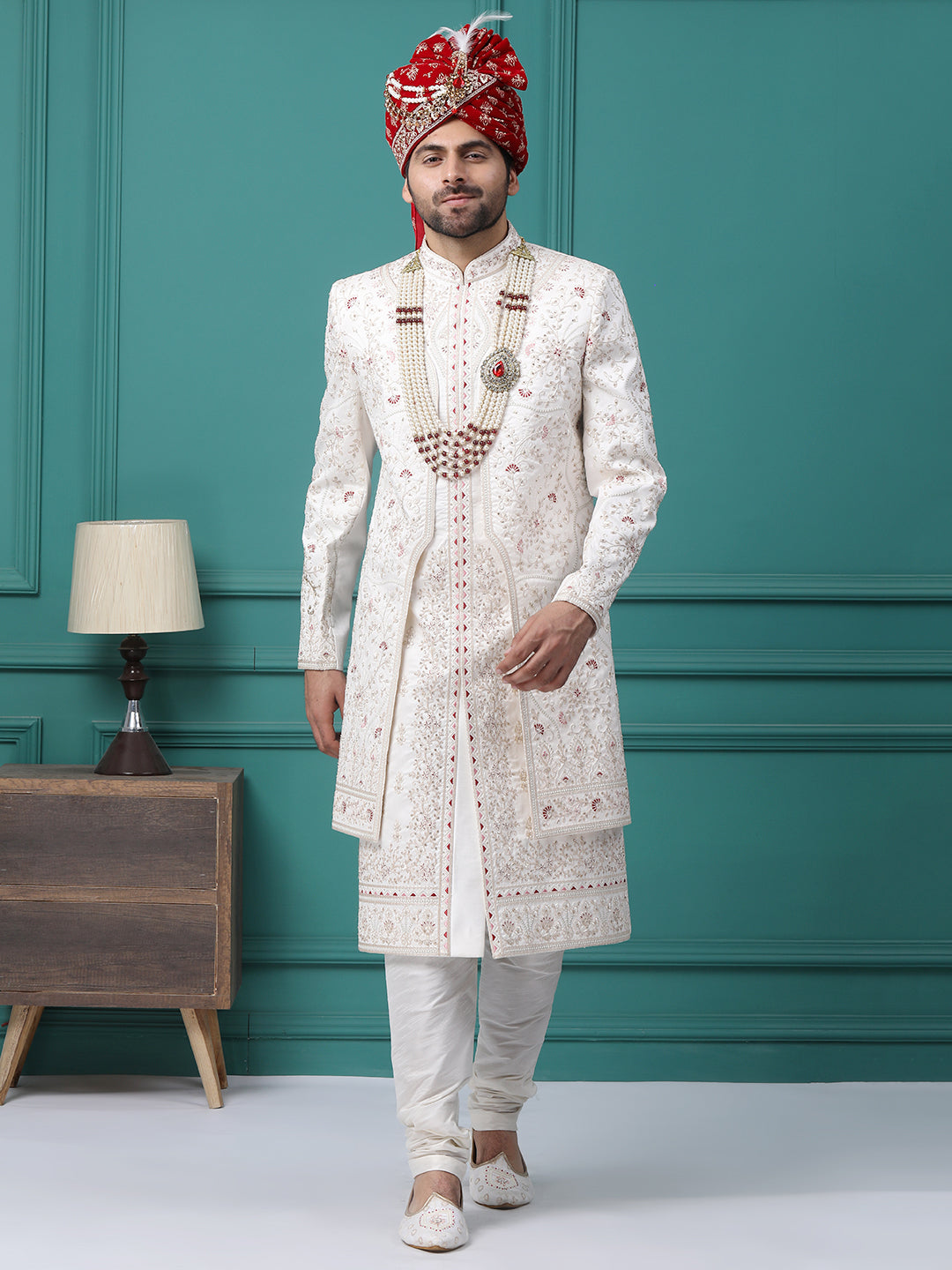 Elegant Ivory Front Panel Hand Embroideried Groom Sherwani