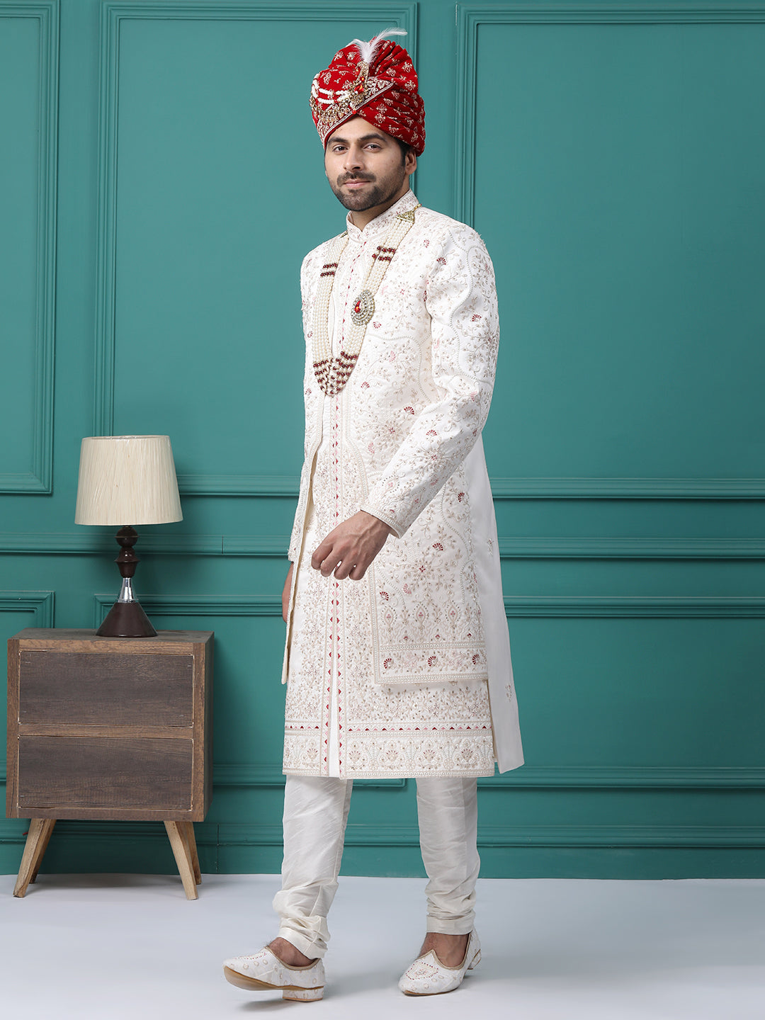 Elegant Ivory Front Panel Hand Embroideried Groom Sherwani