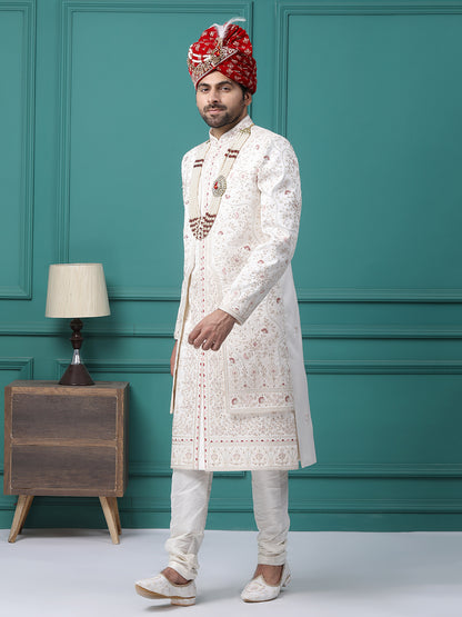 Elegant Ivory Front Panel Hand Embroideried Groom Sherwani