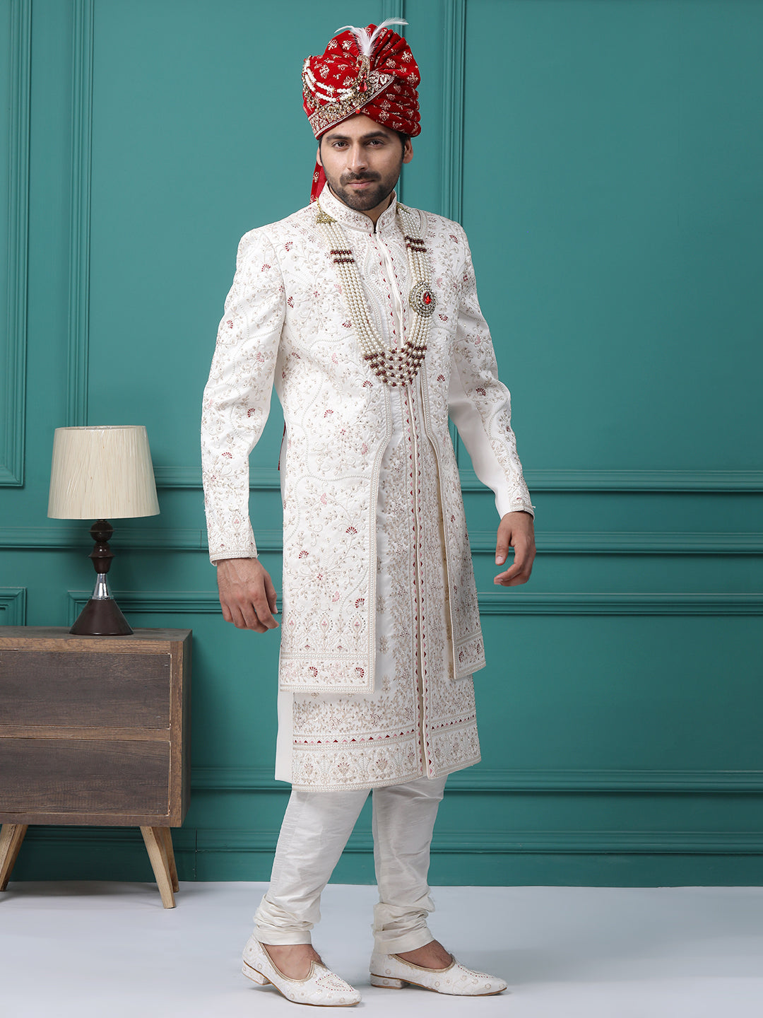 Elegant Ivory Front Panel Hand Embroideried Groom Sherwani