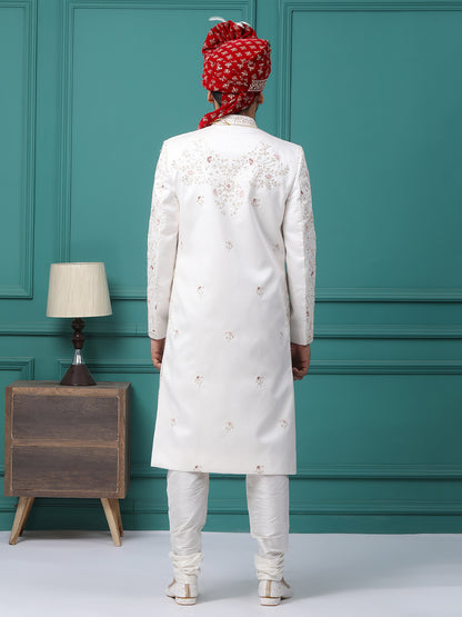 Elegant Ivory Front Panel Hand Embroideried Groom Sherwani